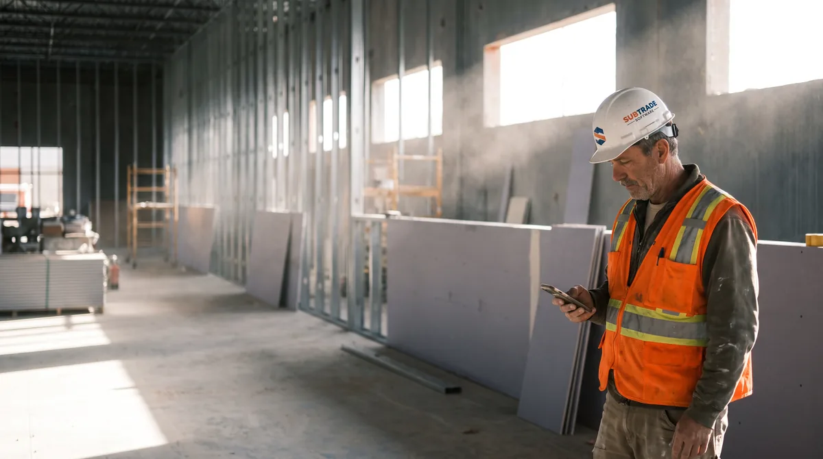 A contractor in a SubTrade shirt holding rolled drawings while talking through the scope on a busy construction site.
