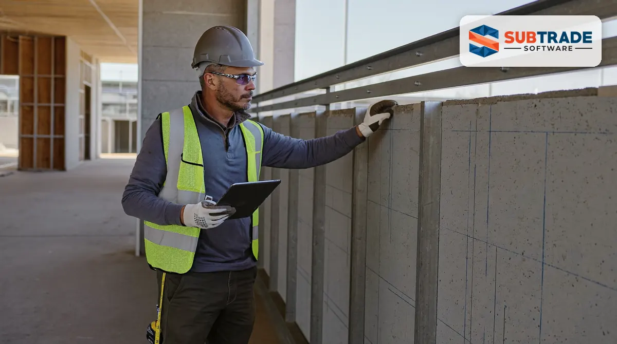 A framing estimator in a SubTrade hard hat checking a steel stud layout against drawings on a tablet inside a commercial building under construction.