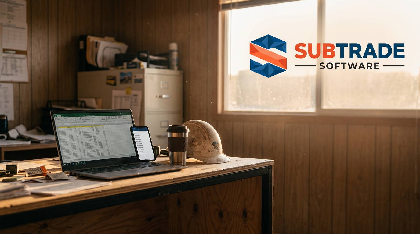 A jobsite office desk with a laptop showing a cluttered spreadsheet next to a phone showing a clean crew list, morning light through a trailer window.