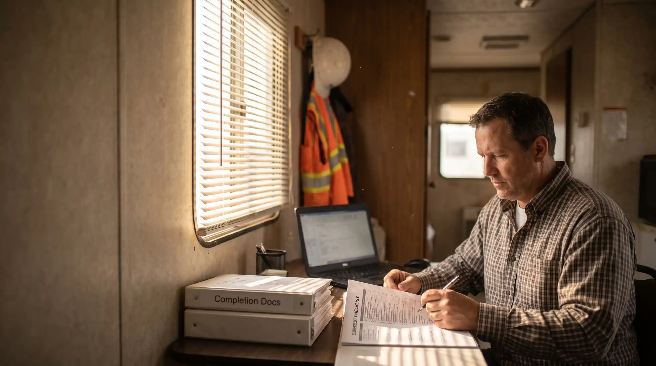 A subcontractor at a jobsite trailer desk working through a holdback release checklist with completion documents and a laptop.