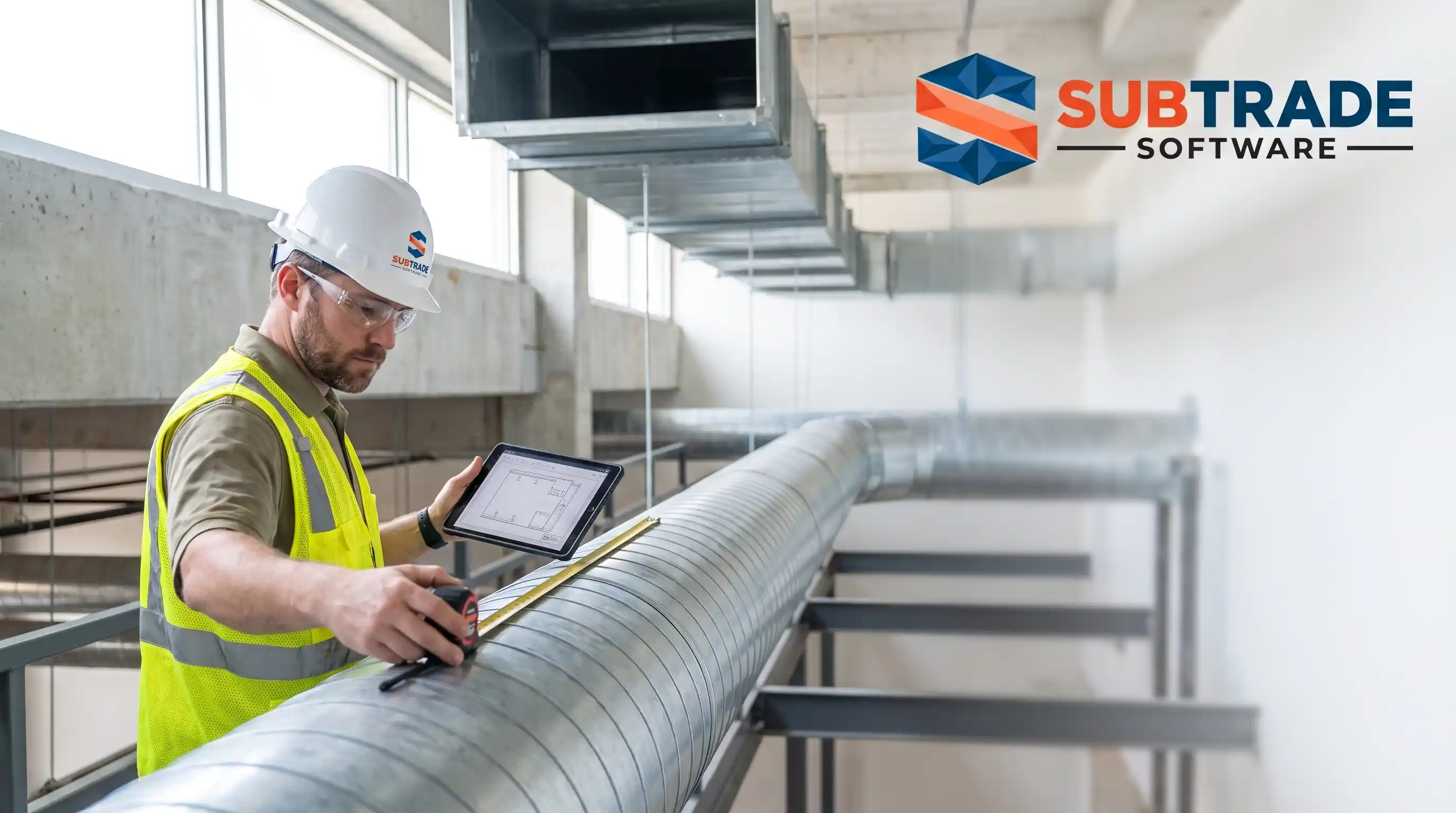 An HVAC estimator in a SubTrade hard hat measuring a run of galvanized spiral duct on a commercial mechanical room mezzanine with a tablet in hand.