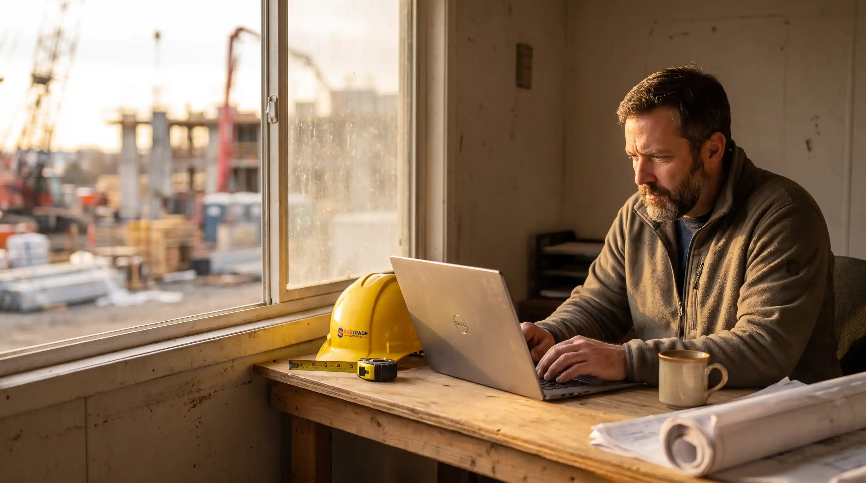 A subcontractor project manager reviewing a job cost report on a laptop at a jobsite trailer desk with a hard hat beside the keyboard.