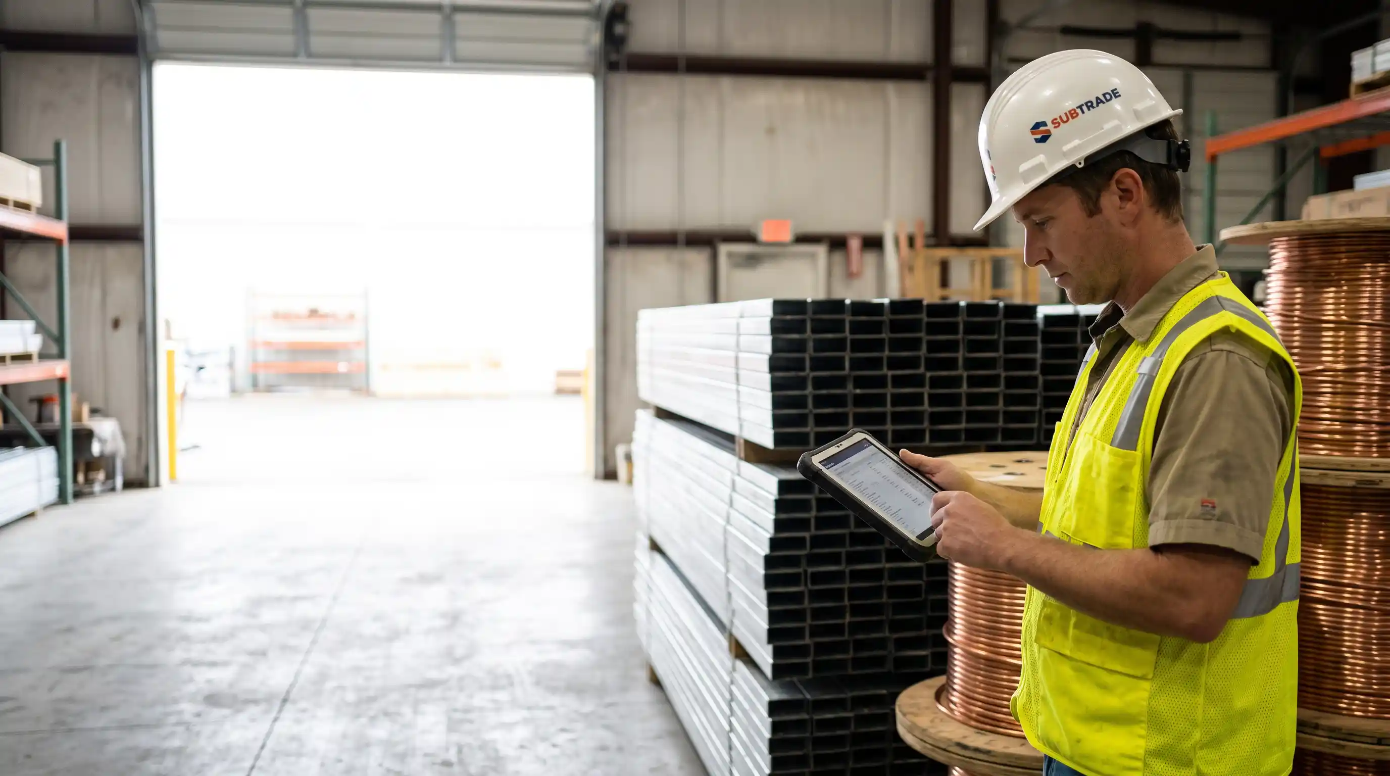 A subcontractor's estimator comparing supplier quotes on a tablet beside stacked steel studs and copper wire spools in a jobsite storage area.
