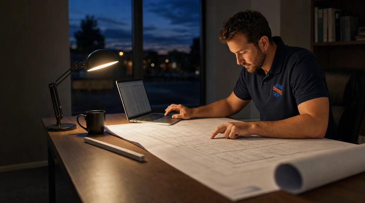 A contractor in a navy SubTrade polo reviewing construction blueprints at a desk at night, with a laptop showing a spreadsheet, a desk lamp and a rolled set of drawings.
