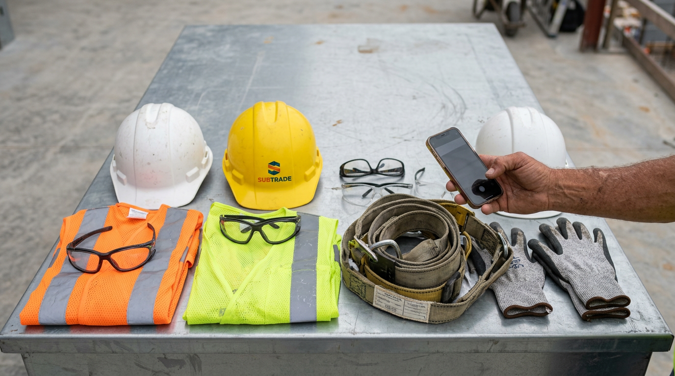 Hard hats, safety glasses and high-visibility vests laid out on a gang box at a commercial jobsite with a crew working in the background.