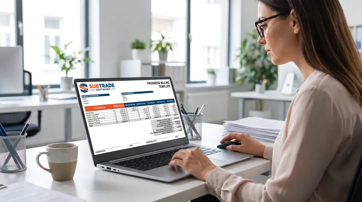 A subcontractor filling in a progress billing template on a laptop, showing contract amount, previous billing, current billing and holdback columns.