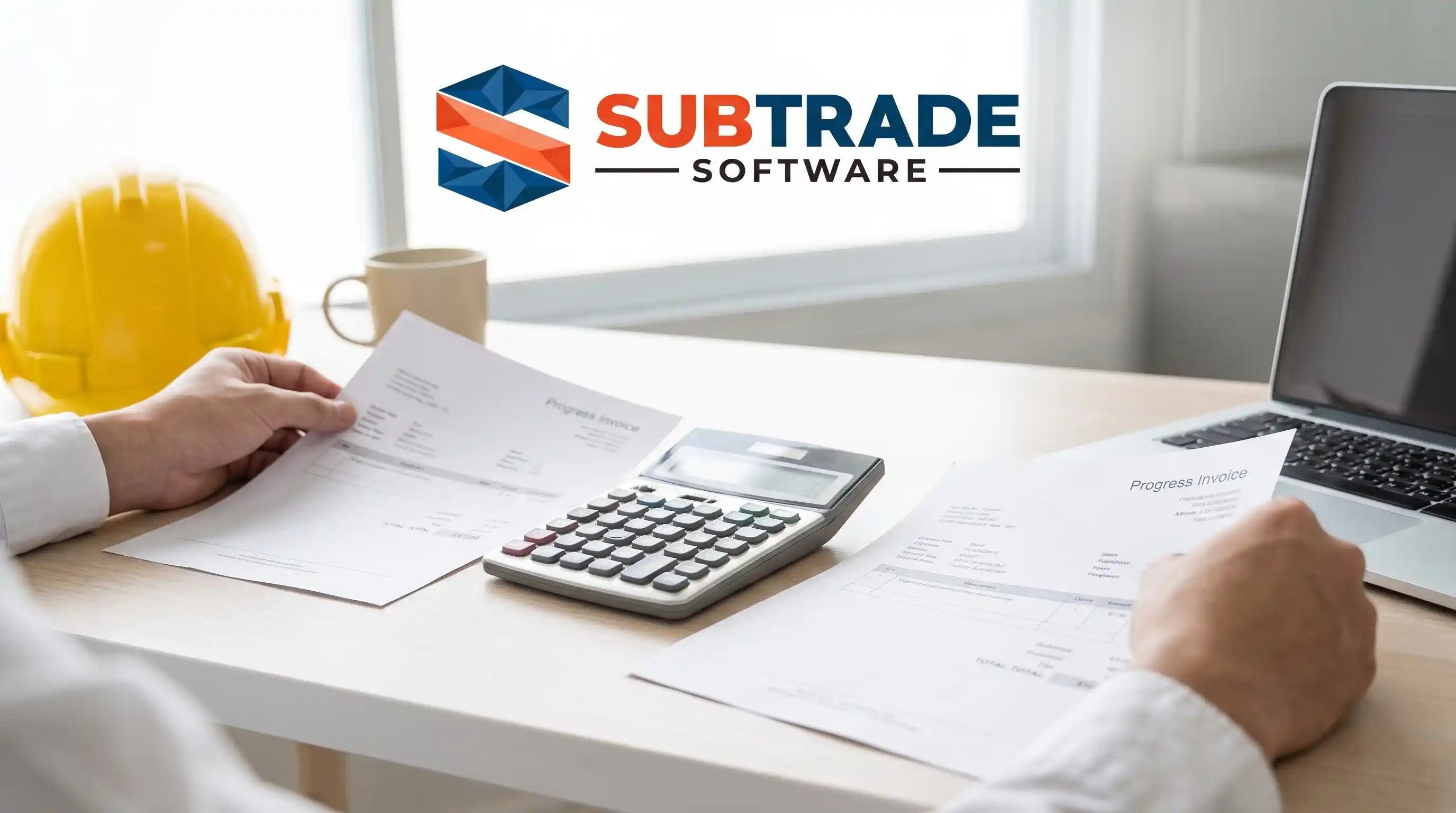 A subcontractor comparing two progress invoices at a desk, one labelled for a US project and one for a Canadian project, with a calculator between them.