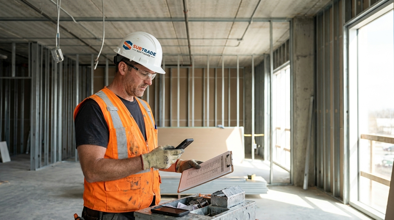 A framing foreman on a commercial jobsite checking a phone against a printed checklist, steel studs and a concrete deck behind him.