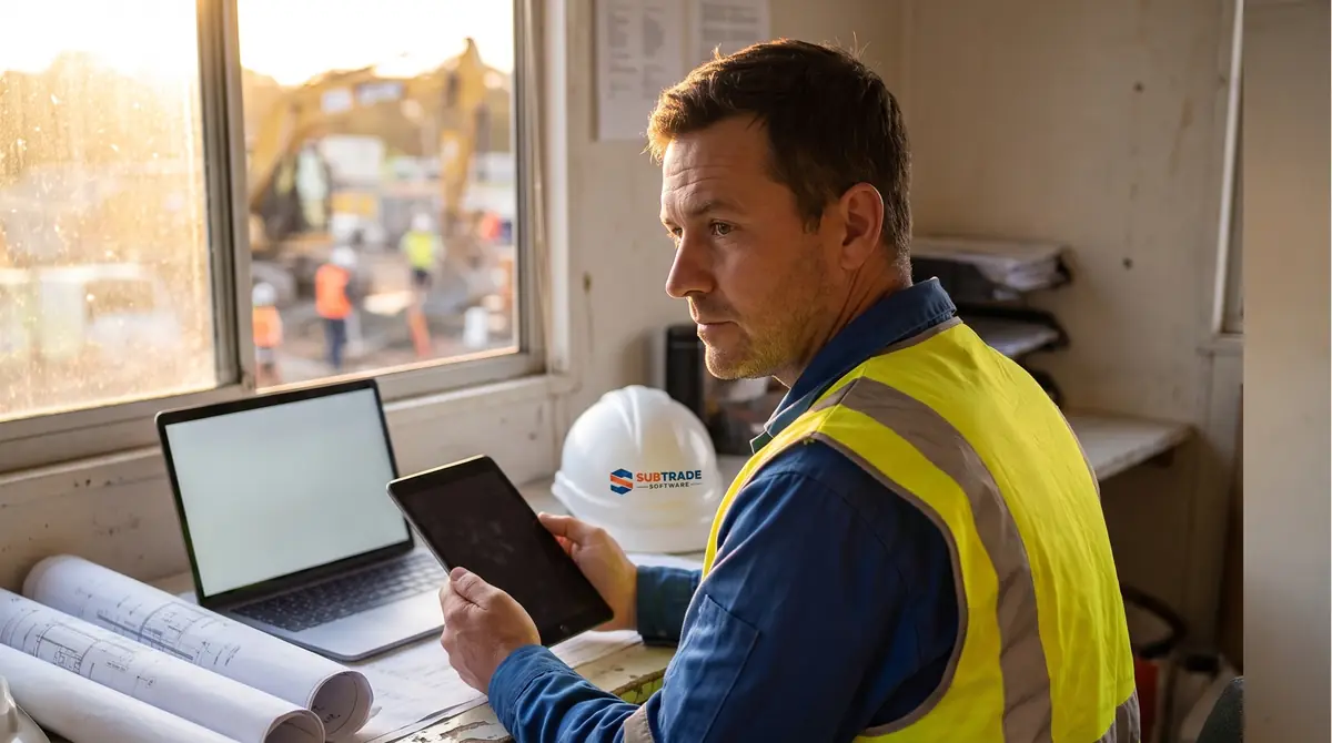 A construction supervisor reviewing job data on a tablet in a site trailer, with drawings and a laptop on the desk beside him.