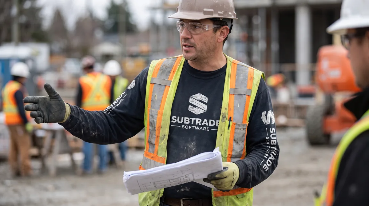 A drywall foreman in a SubTrade hard hat checking his phone inside a commercial building with steel stud framing and stacked drywall behind him.