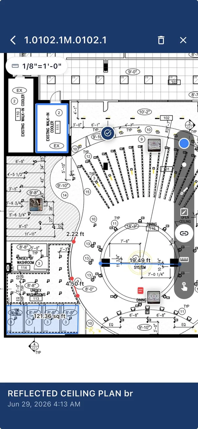 Construction drawing in the SubTrade app with field markups, measurements and photo pins on a reflected ceiling plan