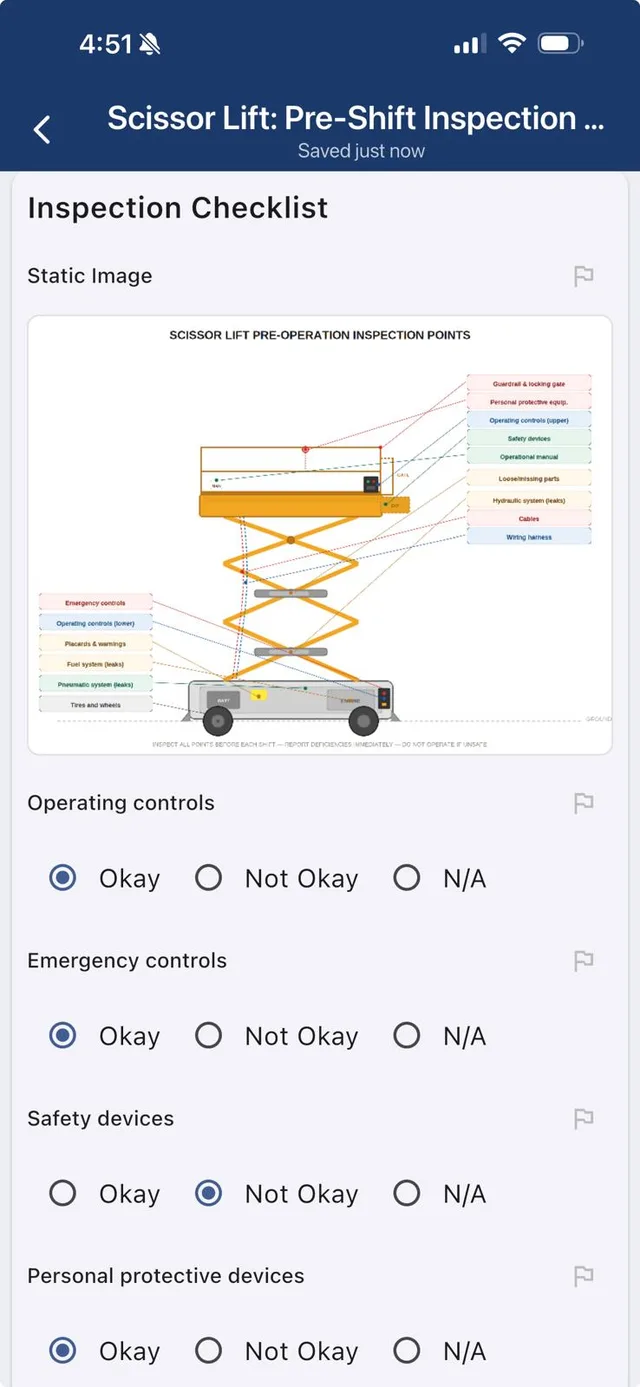 Scissor lift pre-shift inspection checklist being completed in the SubTrade app with okay and not-okay checks