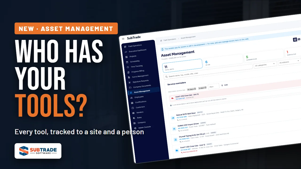 Play the SubTrade Asset Management walkthrough — the asset register on screen behind the words who has your tools