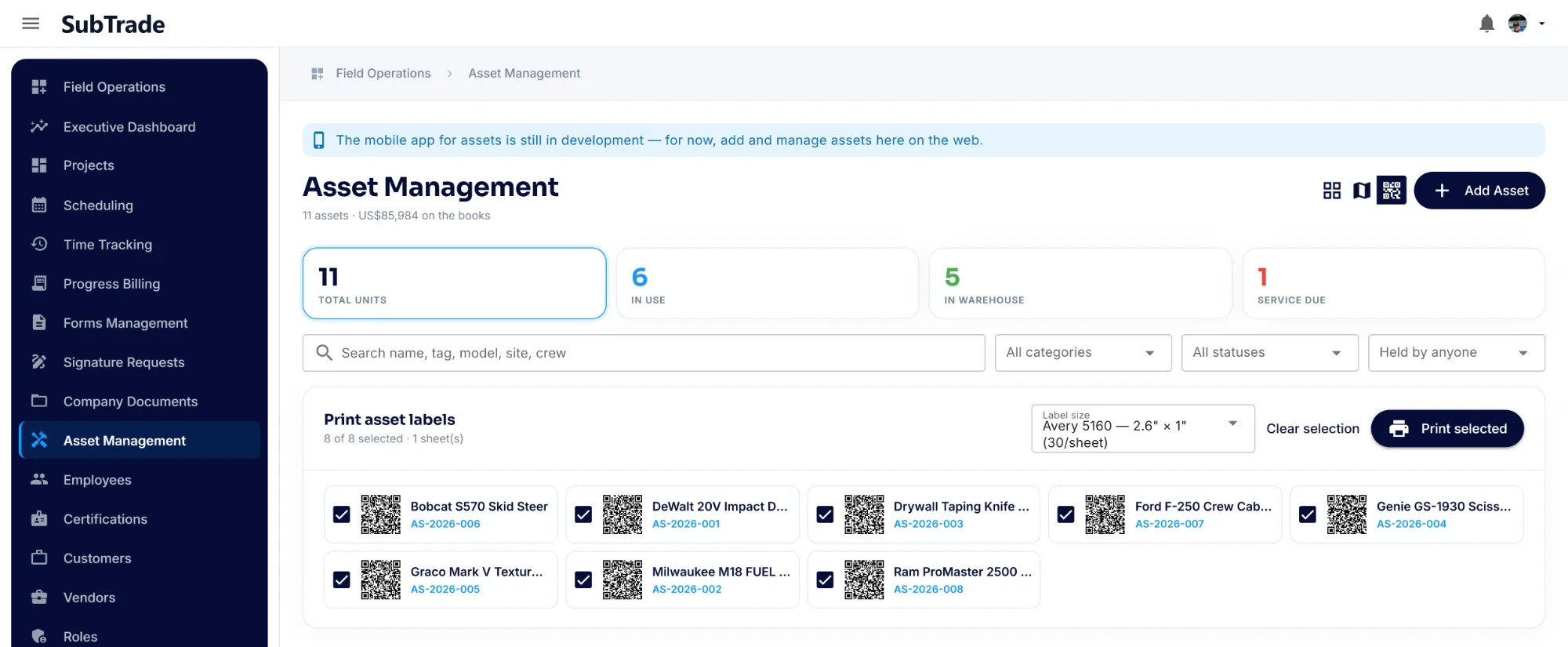 The print asset labels view in SubTrade with every asset selected, each showing its own QR code and asset tag, set to Avery 5160 sheets at thirty labels per page