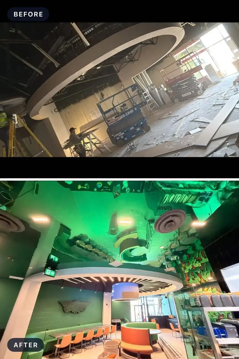 Before and after photos of a commercial restaurant ceiling project compared in SubTrade