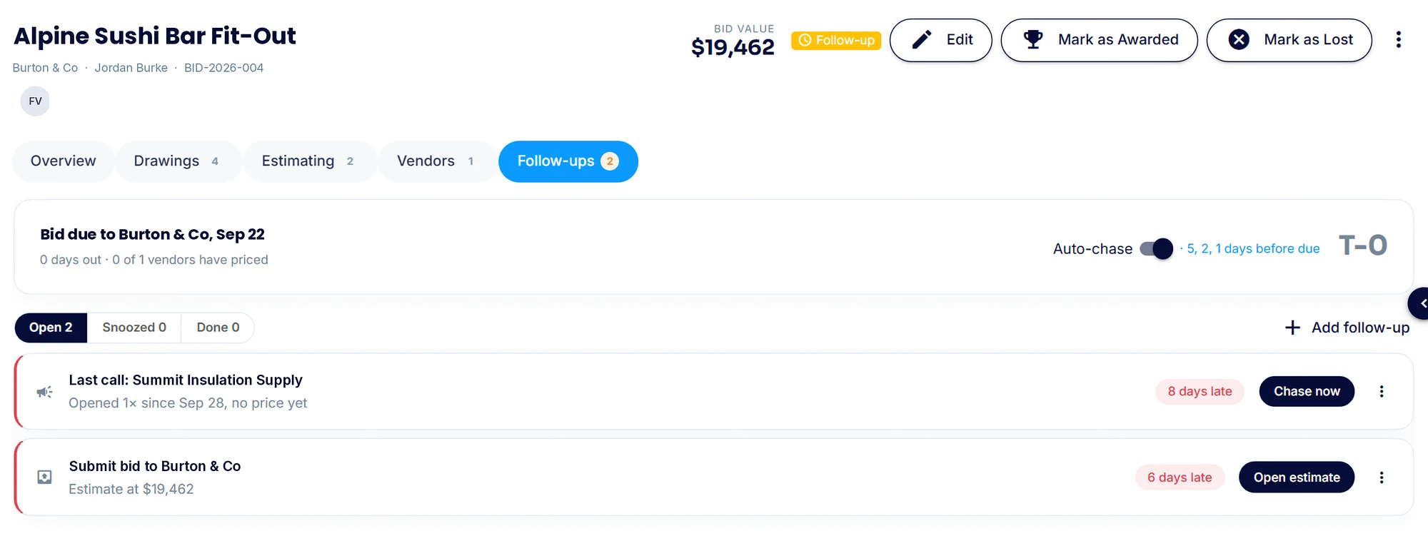 The Follow-ups tab of a tender in SubTrade showing the bid due date, vendors priced, the auto-chase toggle set to 5, 2 and 1 days before due, and open follow-ups with Chase now and Open estimate buttons