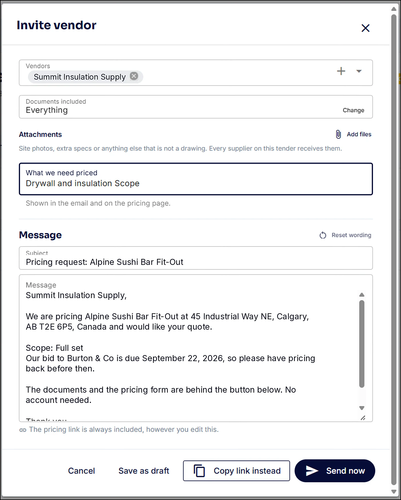 The Invite vendor dialog in SubTrade with the vendor, documents included, attachments, what we need priced, and a pre-filled pricing request message