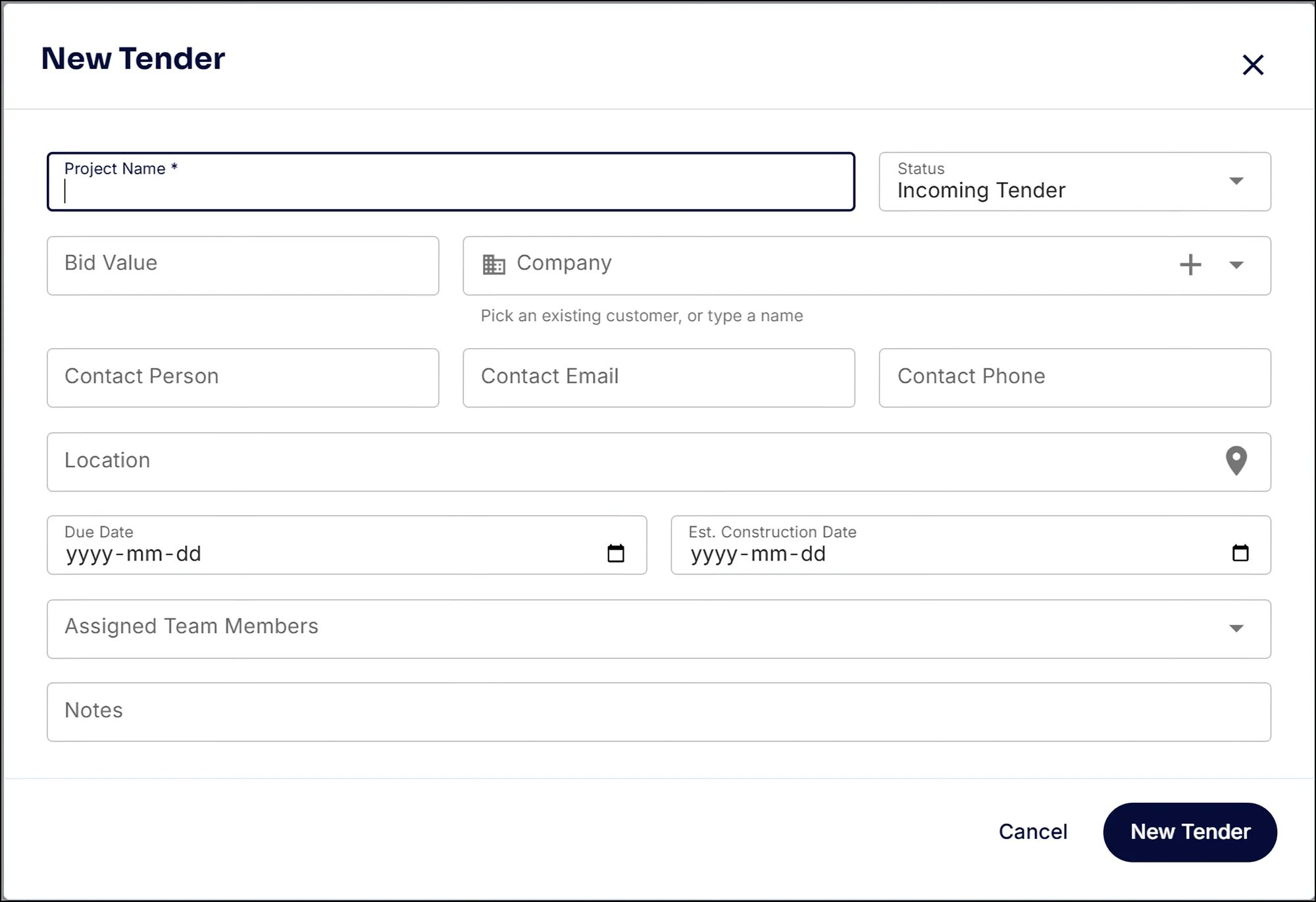 The New Tender dialog in SubTrade with project name, status, bid value, company, contact person, email, phone, location, due date, estimated construction date, assigned team members and notes