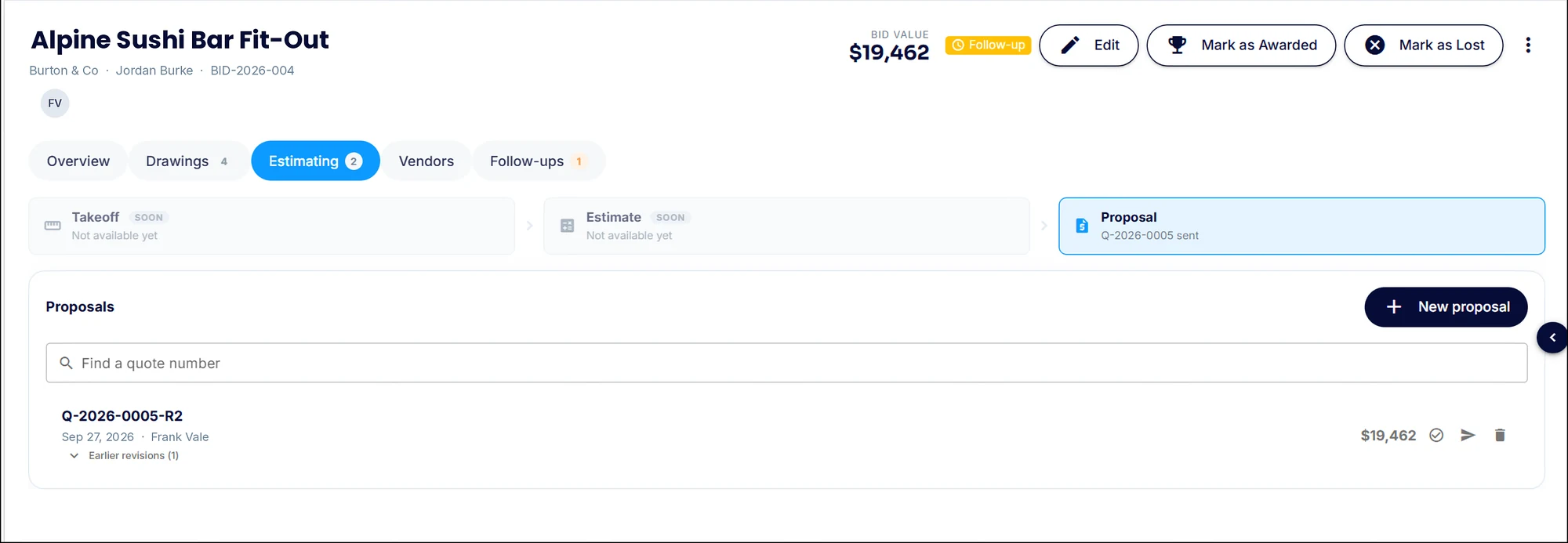 The Estimating tab of a tender in SubTrade with Takeoff and Estimate marked coming soon, a Proposal step, and a proposal list with quote number, value and earlier revisions