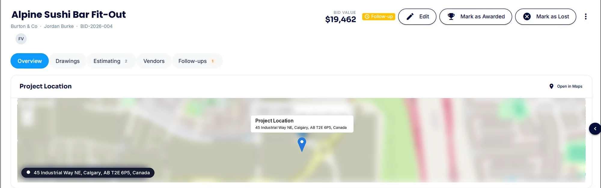 A tender in SubTrade Bid Manager showing the bid value, status, Edit, Mark as Awarded and Mark as Lost buttons, the Overview, Drawings, Estimating, Vendors and Follow-ups tabs, and the project location map