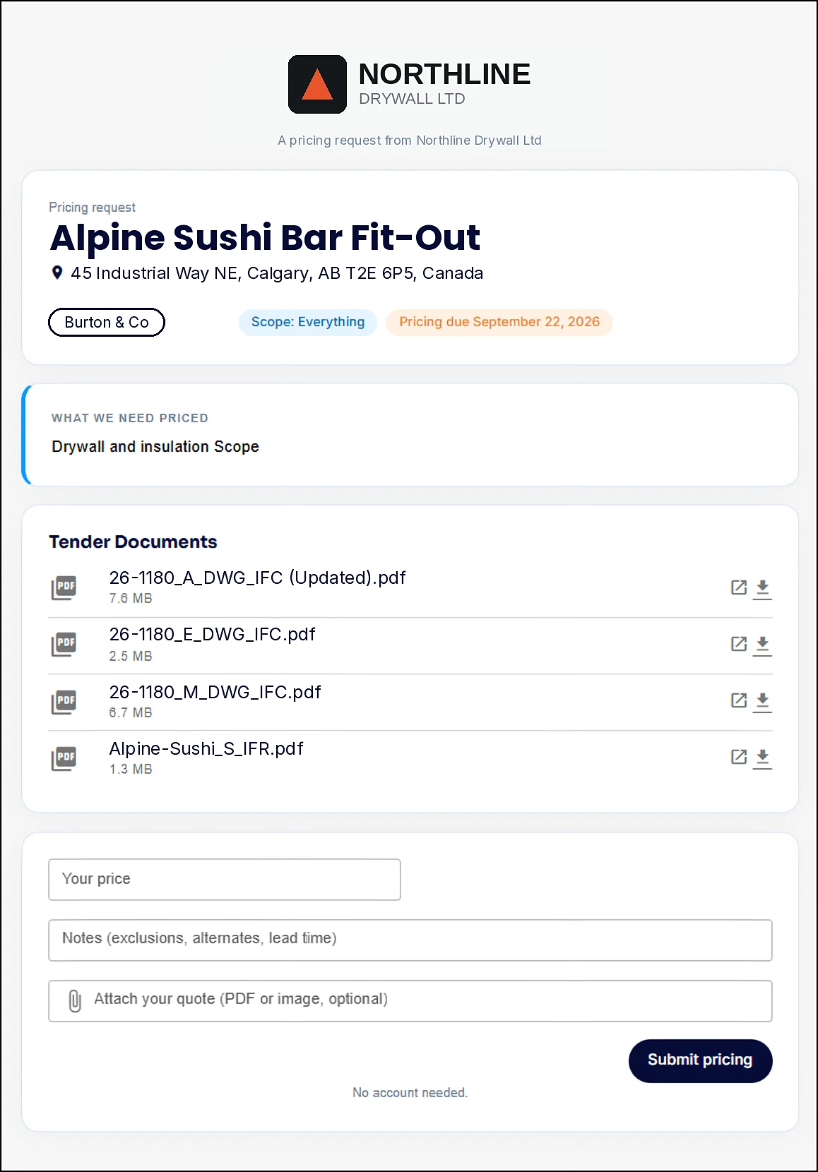 The vendor pricing page from a SubTrade pricing request, showing the project, what needs pricing, the tender documents and fields for price, notes and a quote attachment, with no account needed