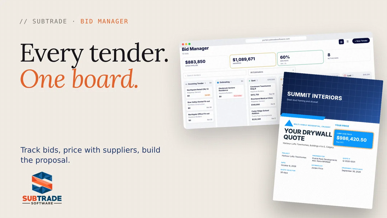 Play the SubTrade Bid Manager walkthrough, the tender board beside a drywall proposal from the proposal builder