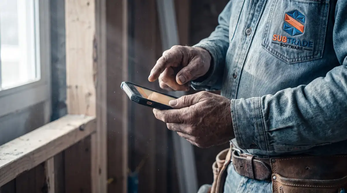 Tradesman creating a change order in the SubTrade app in front of a wall opening