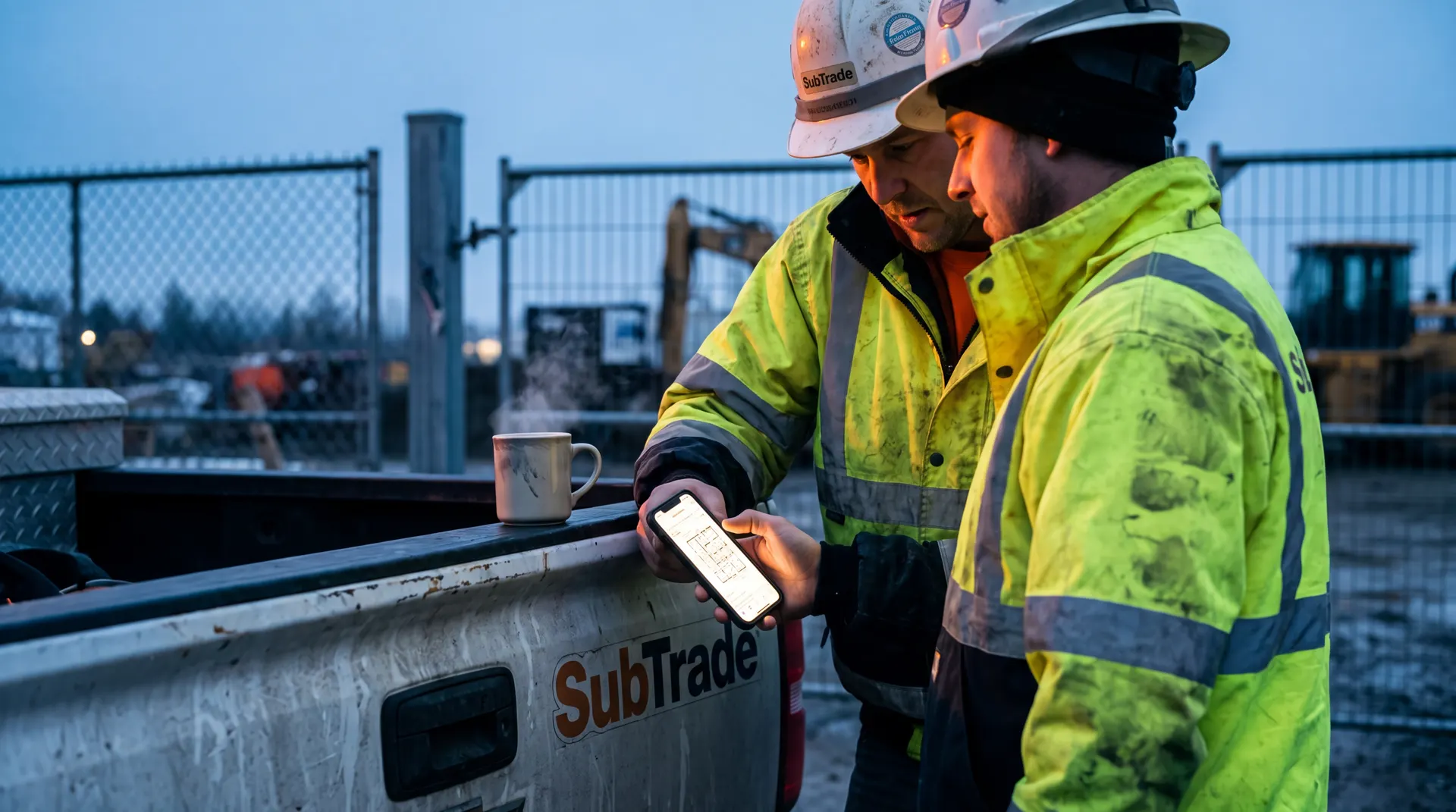 Two workers reviewing the SubTrade crew schedule on a phone at a truck tailgate