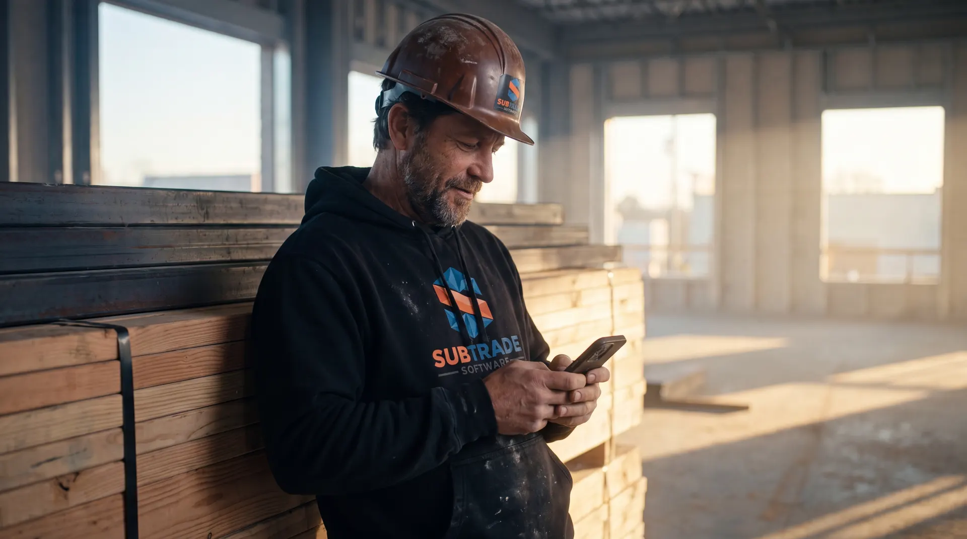Foreman filing a daily log in the SubTrade app at end of day on a commercial site