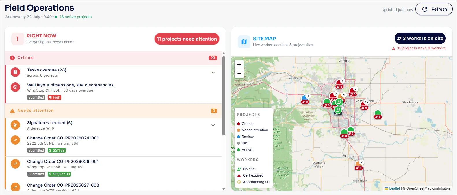 SubTrade Field Operations command center with right-now action list, overdue tasks, change orders waiting, and a live site map of worker locations across projects