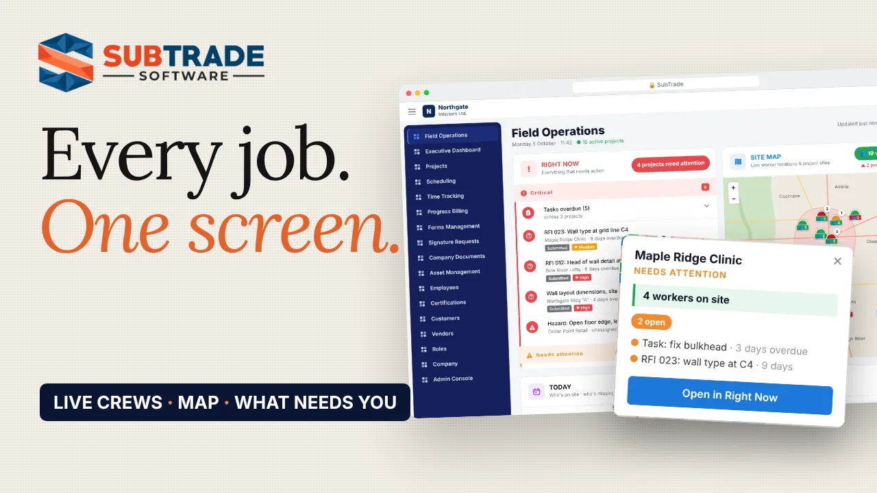 Play the SubTrade overview walkthrough: the live command center with the site map and a project popup under the words every job, one screen