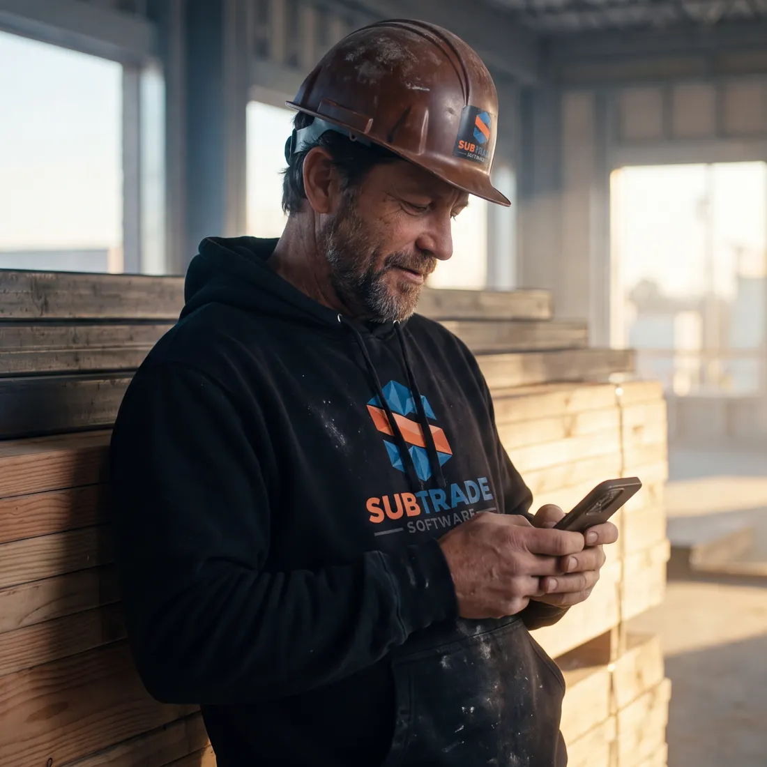 Foreman in a SubTrade hoodie updating the job from his phone on site