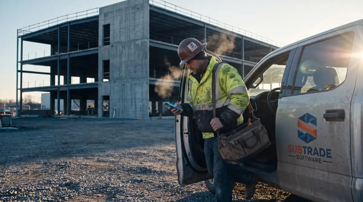 Worker clocking in with GPS on the SubTrade app at sunrise beside his truck
