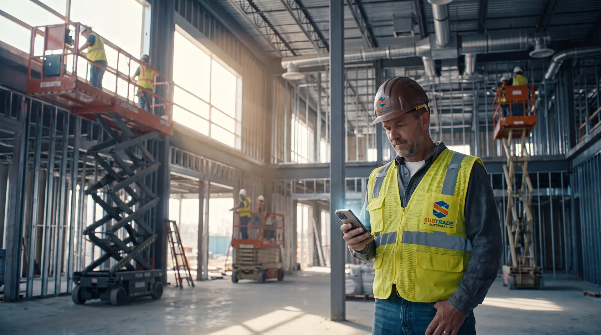 Foreman calmly overseeing a busy multi-trade commercial jobsite from his phone with SubTrade