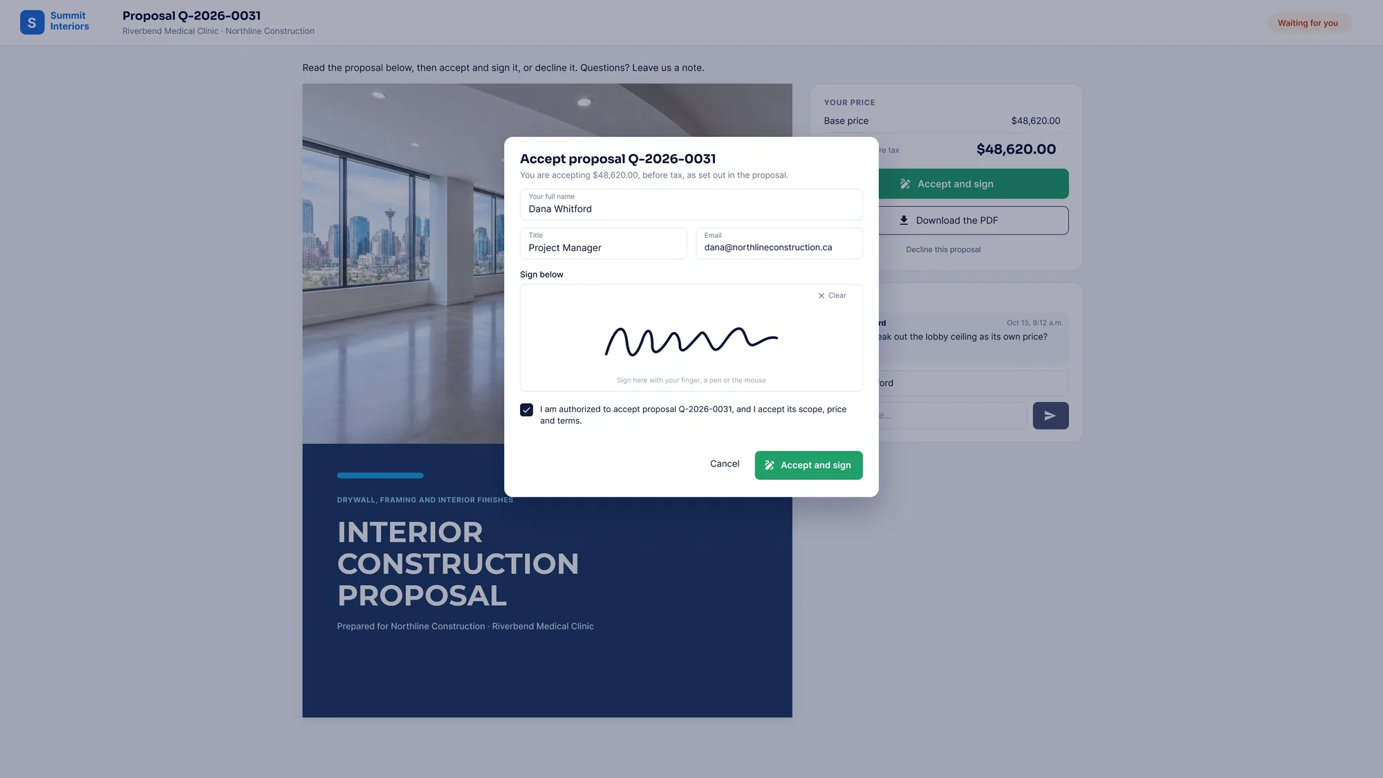 The Accept proposal dialog with the client name, title, email, a drawn signature and the authorization checkbox