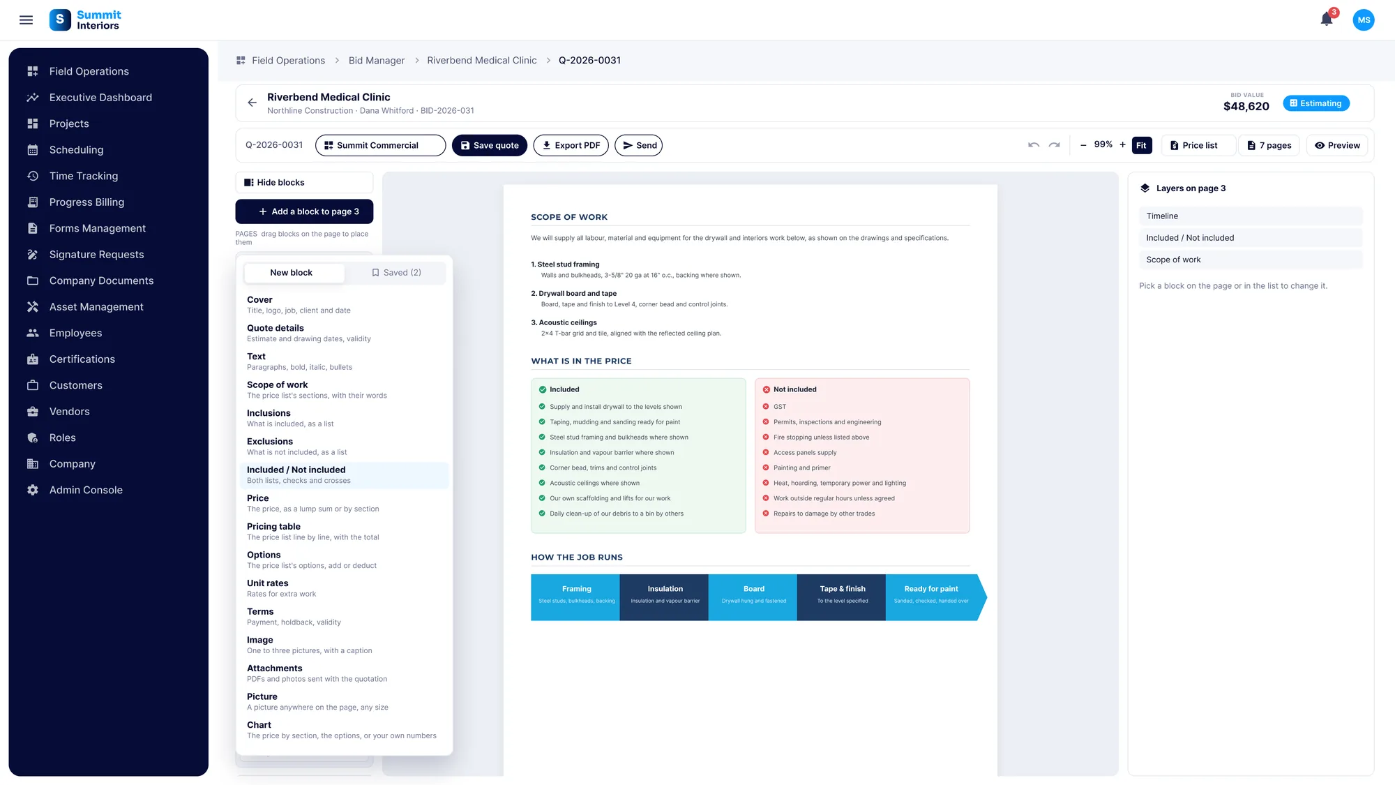 The Add a block menu in the SubTrade proposal builder listing cover, quote details, text, scope of work, inclusions, exclusions, price, pricing table, options, unit rates, terms, image, attachments, picture and chart