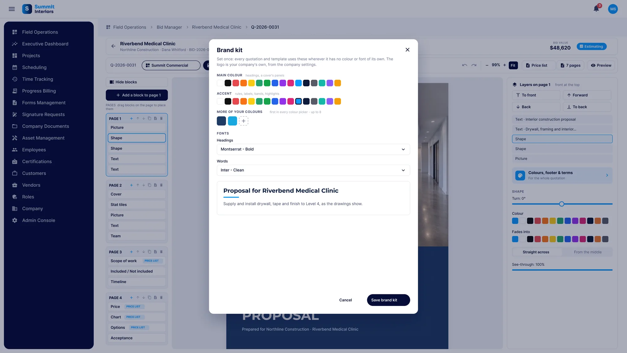 The brand kit in SubTrade with main and accent colour swatches, your colours, and the heading and body fonts with a live sample