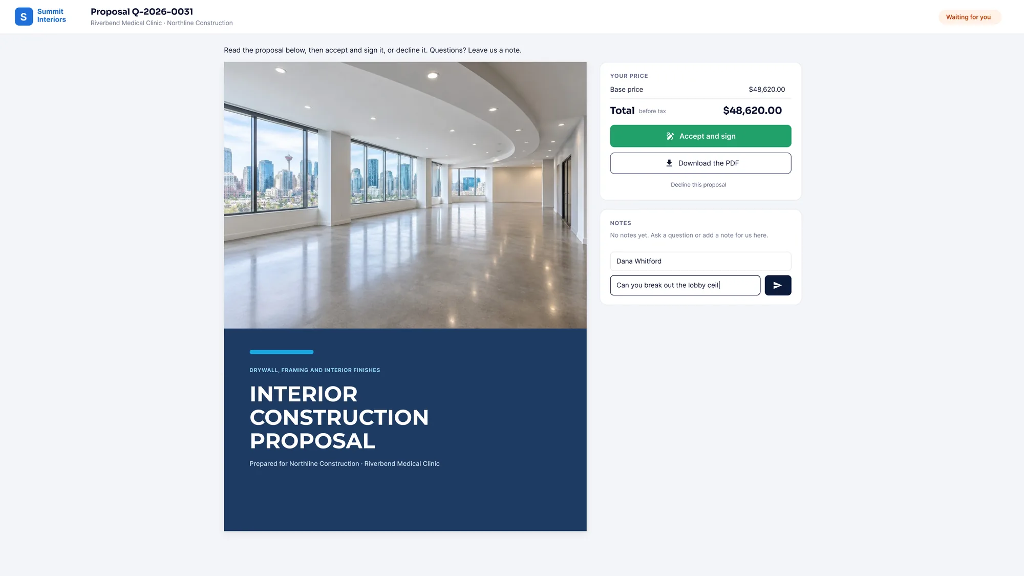The client view of a SubTrade proposal with the price, Accept and sign, Download the PDF, and a notes box for questions