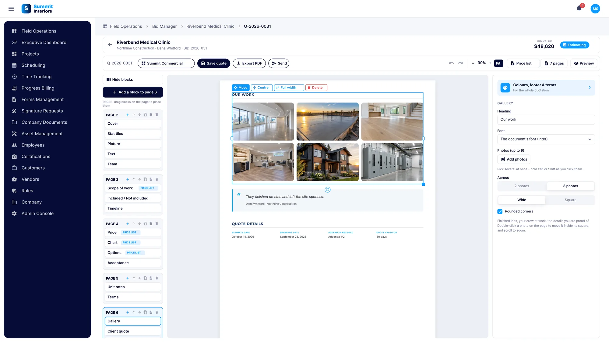 A photo gallery block of finished jobs and a client quote on a SubTrade proposal page