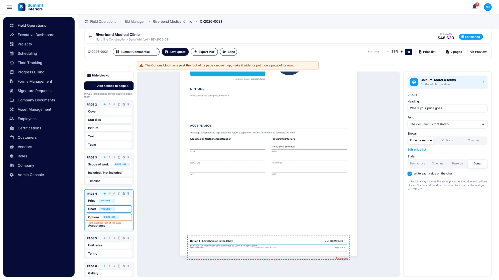 A SubTrade proposal page with a warning bar that the options block runs past the foot of the page and the overflowing block outlined