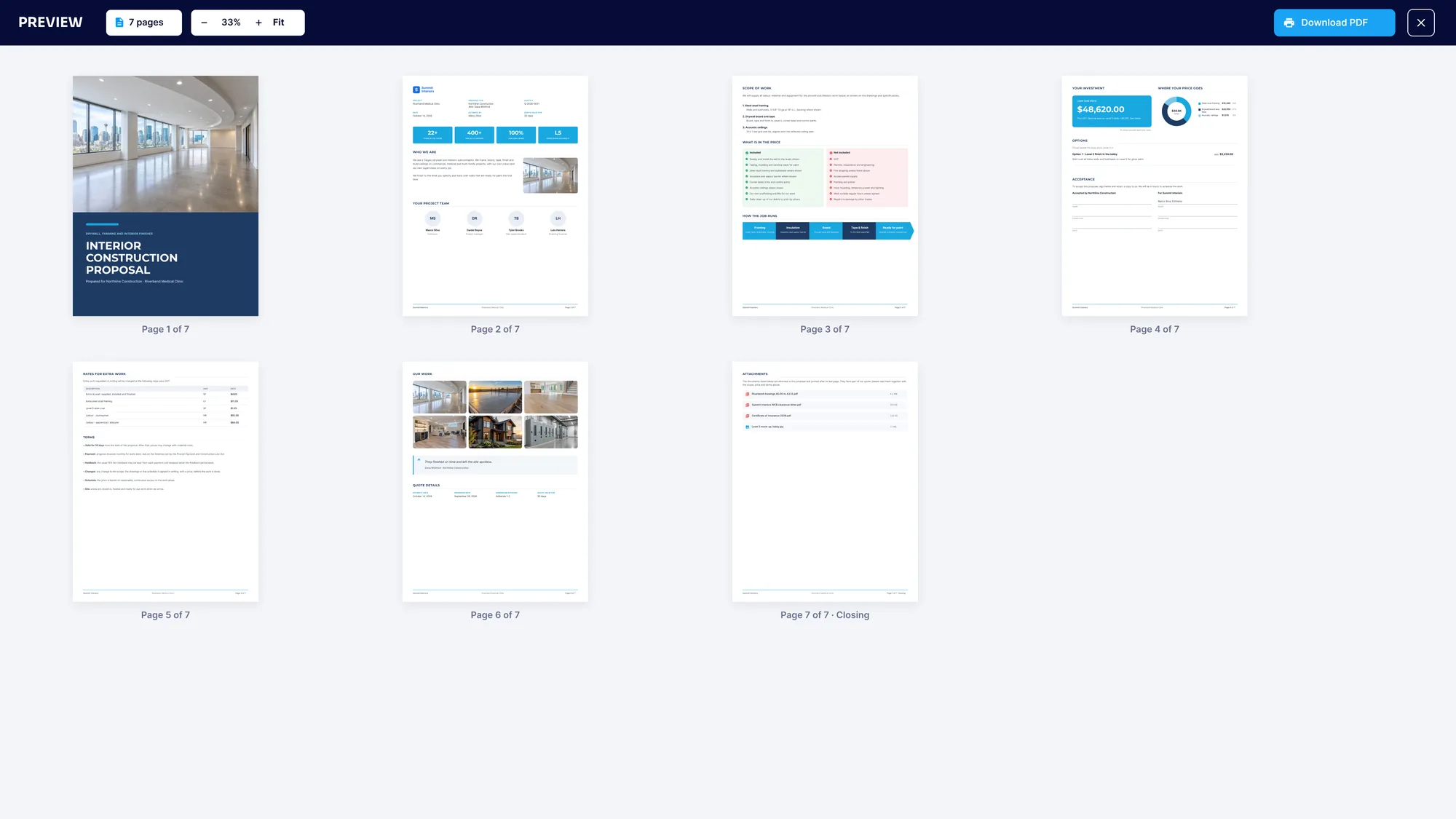 The SubTrade proposal preview showing all seven pages, from the cover to the closing page that lists the attached documents