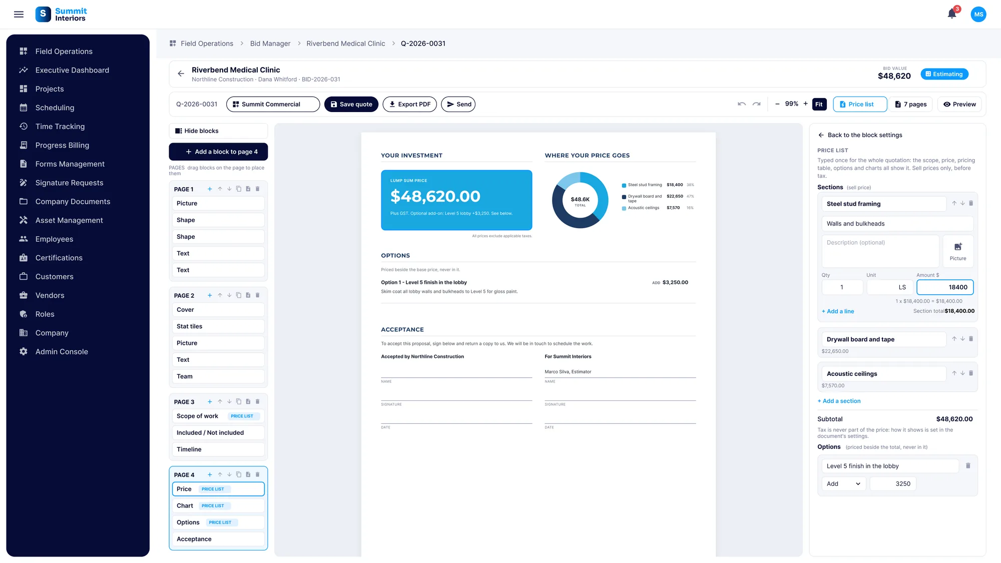 The price list in the SubTrade proposal builder with sections for steel stud framing, drywall board and tape and acoustic ceilings, an add option and the subtotal