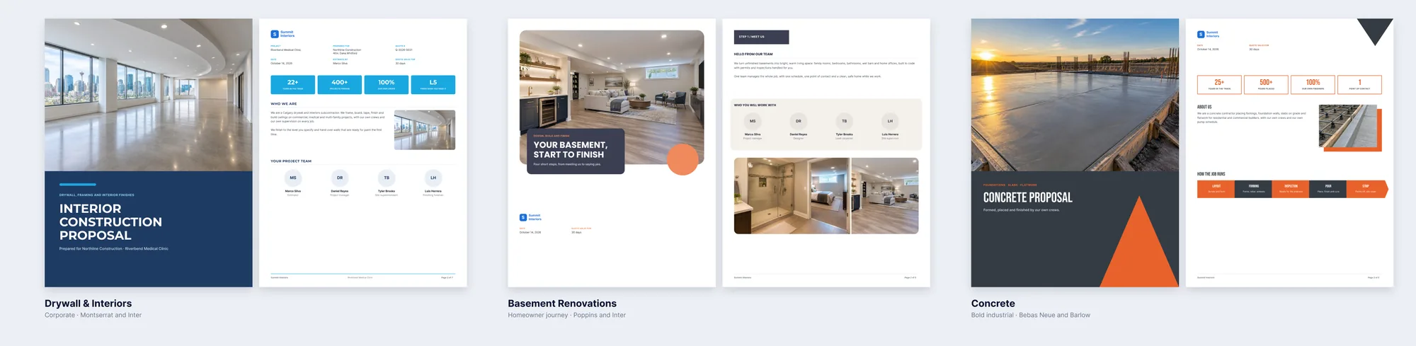 Six ready-made proposal designs in SubTrade: Drywall and Interiors, Basement Renovations, Concrete, Electrical, Exterior Finishes and Flooring, each shown as a cover and an inside page