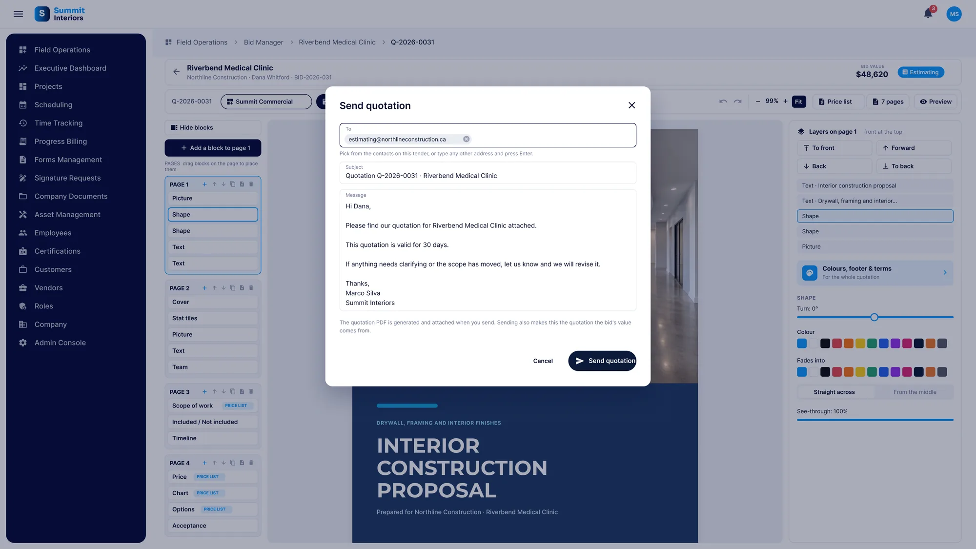 The Send quotation dialog in SubTrade with the recipient, subject and a pre-written message to the client