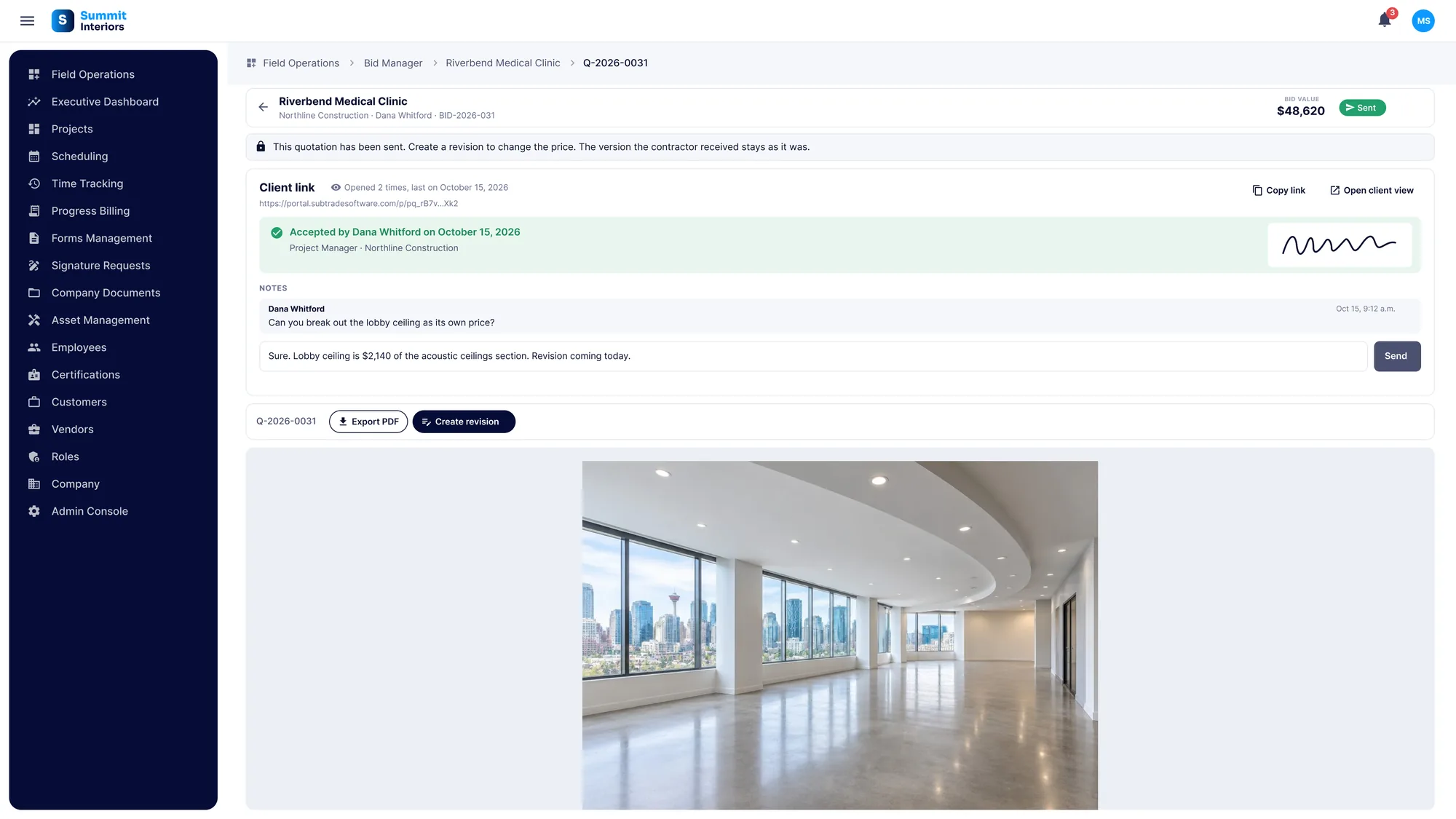 A sent proposal in SubTrade showing the client link with how many times it was opened, the acceptance with signature, and client notes