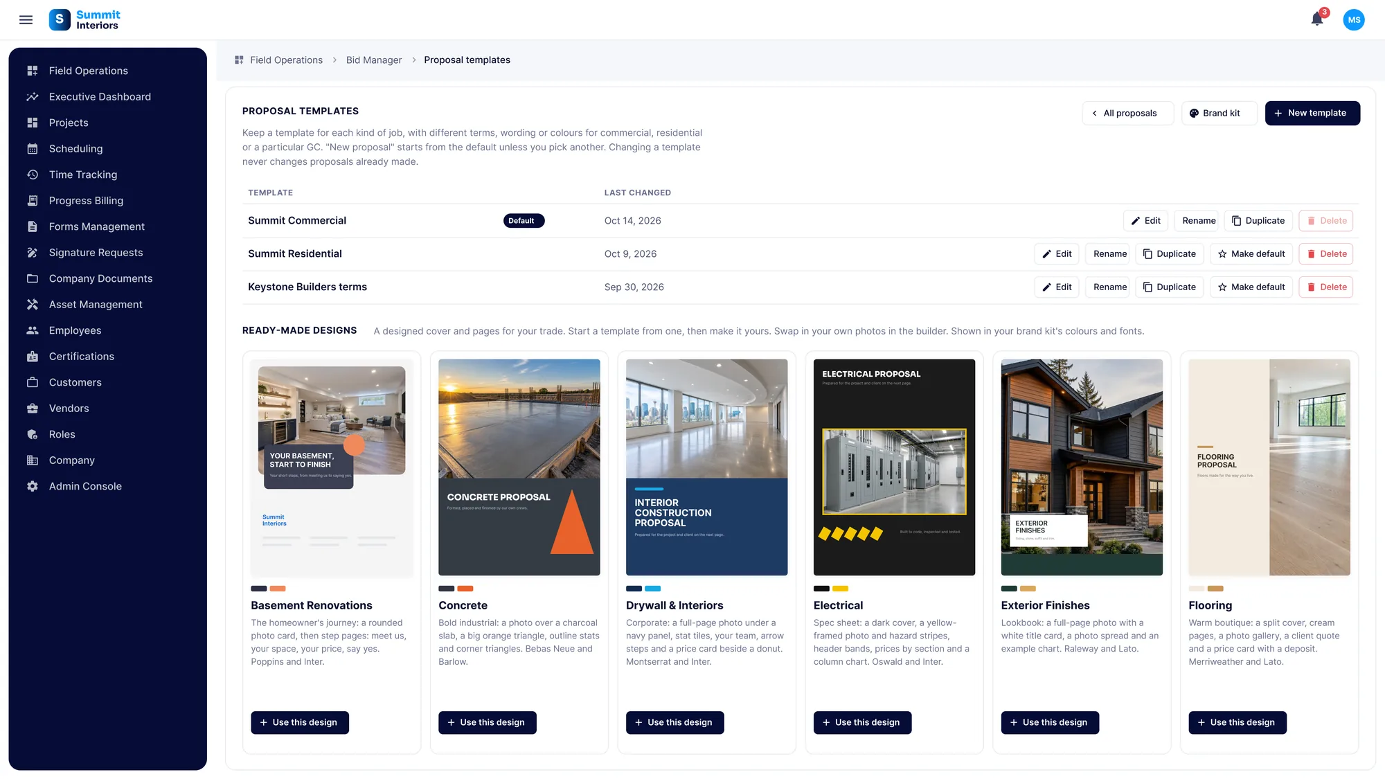 The Proposal Templates page in SubTrade listing your own templates with edit, rename, duplicate and make default, above the ready-made designs