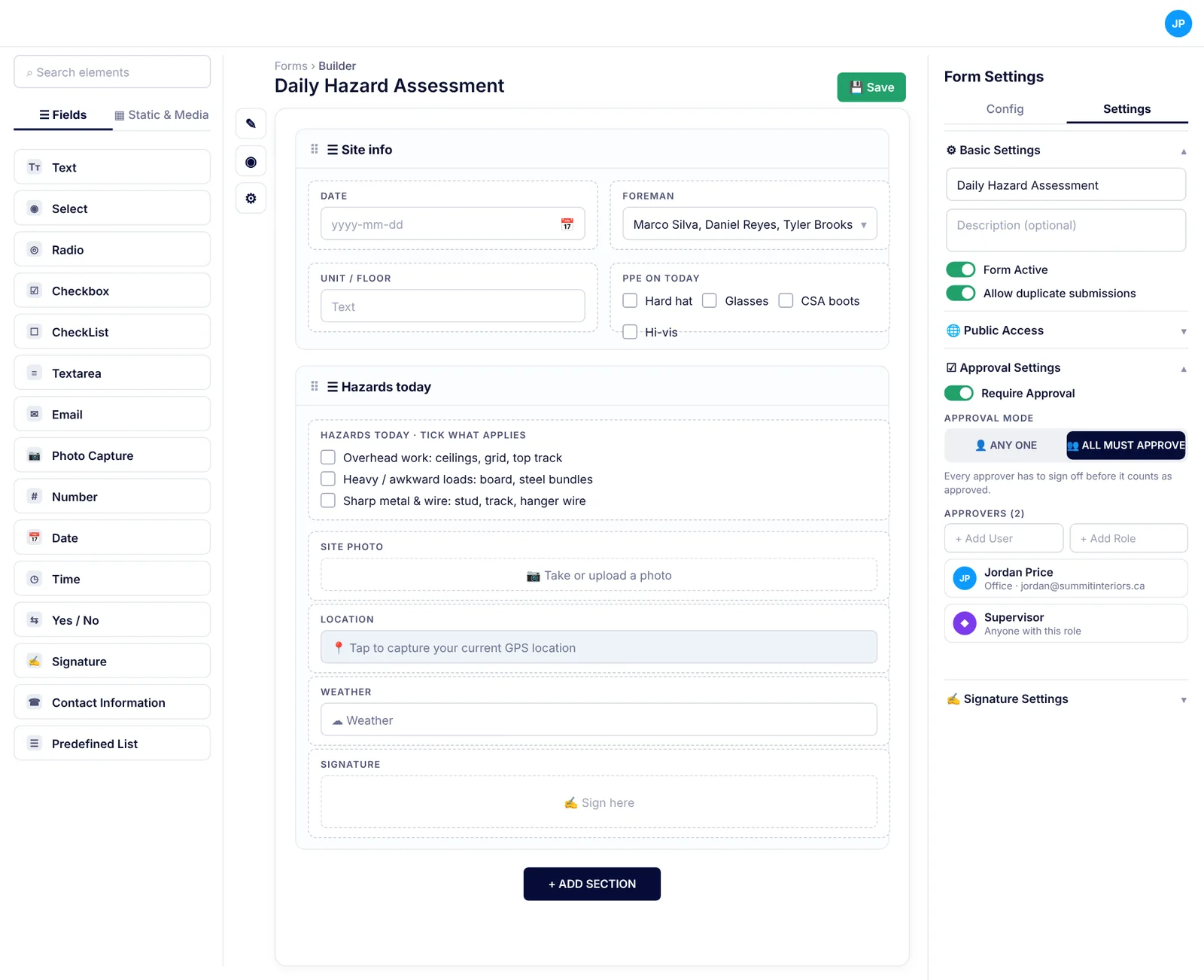 SubTrade form settings with approval switched on, all must approve selected, and two approvers: a named office user and the supervisor role