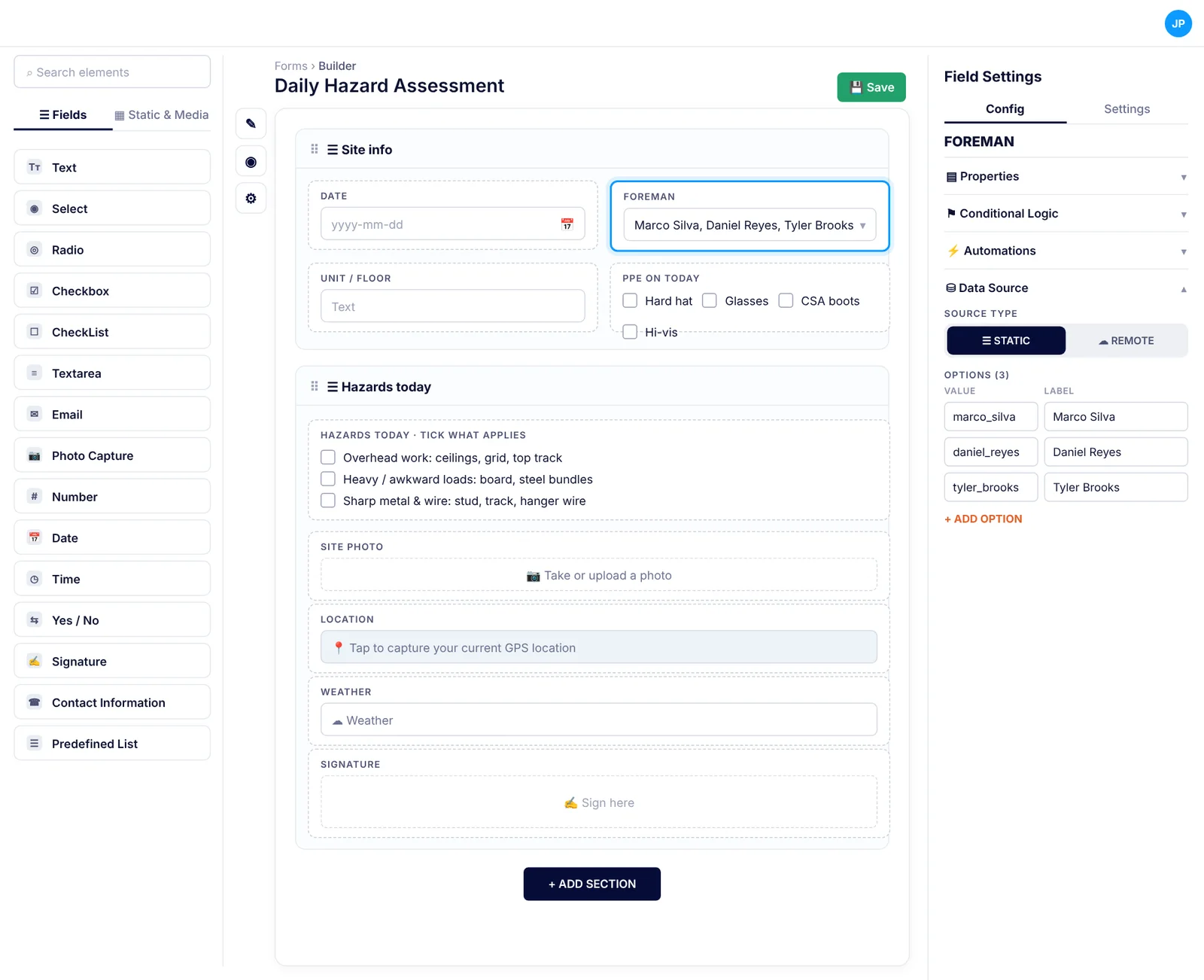 The SubTrade form builder with a daily hazard assessment: a site info section with date, foreman, unit and PPE, a hazards section with a checklist, site photo, location, weather and signature, and the foreman field set to the crew names