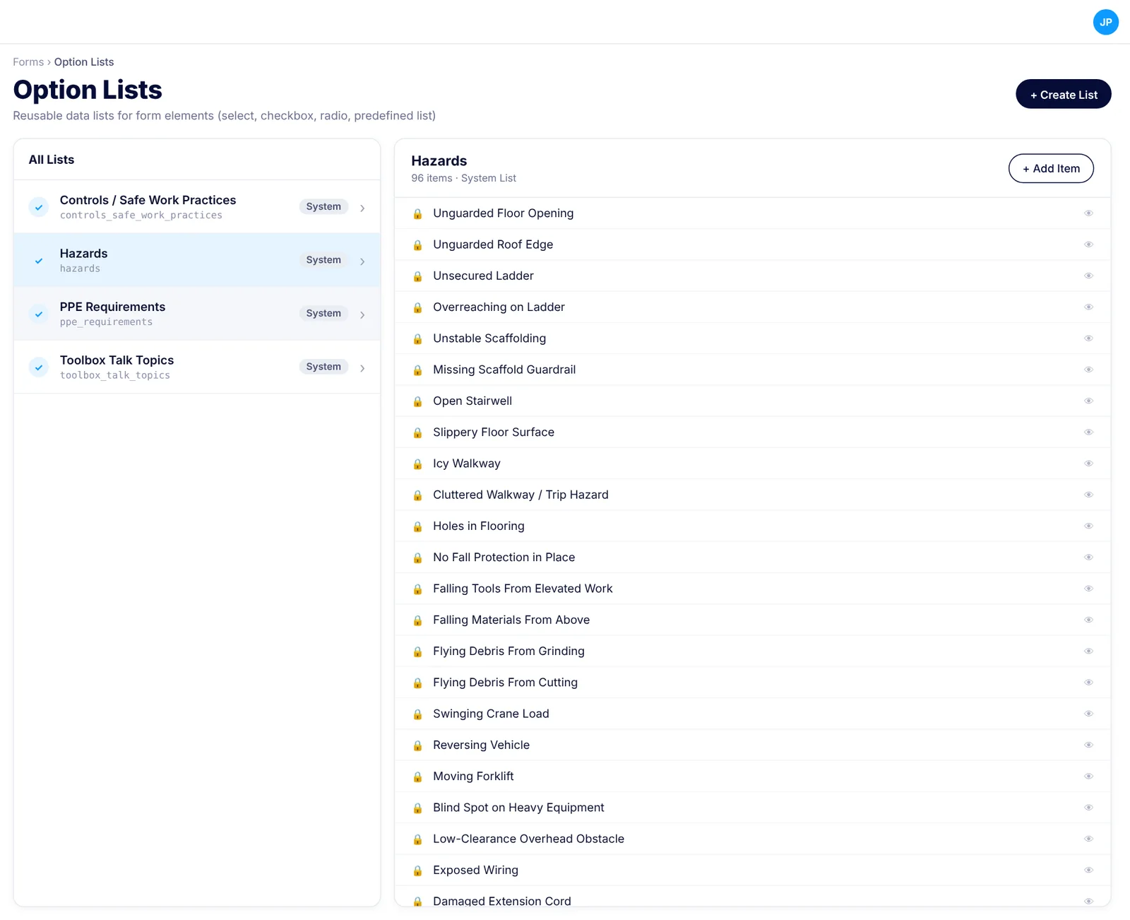 SubTrade option lists showing the system lists for controls and safe work practices, hazards, PPE requirements and toolbox talk topics, with the hazards list open at 96 items