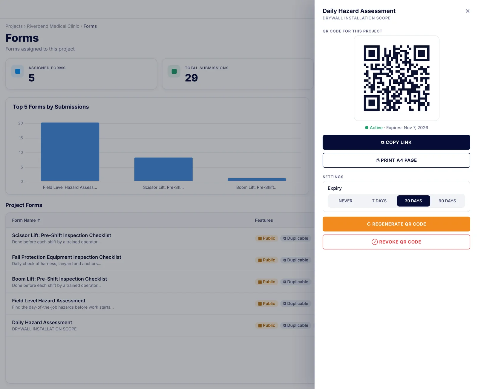 The SubTrade QR code drawer for a daily hazard assessment with the code active, copy link and print A4 page buttons, expiry set to 30 days, and regenerate and revoke options